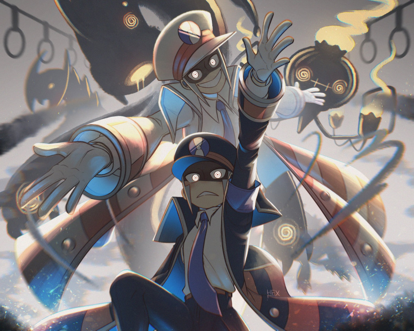 2boys, :>, :<, black_coat, blue_necktie, chandelure, coat, collared_shirt, commentary, eelektross, emmet_(pokemon), galvantula, gloves, glowing, glowing_eyes, grey_eyes, grin, hat, haxorus, highres, ingo_(pokemon), kneeling, m-hex, male_focus, multiple_boys, necktie, outstretched_arms, overcoat, pants, peaked_cap, pokemon, pokemon_(game), pokemon_bw, ringed_eyes, shaded_face, shirt, siblings, signature, silver_hair, smile, standing, twins, white_coat, white_gloves, white_shirt
