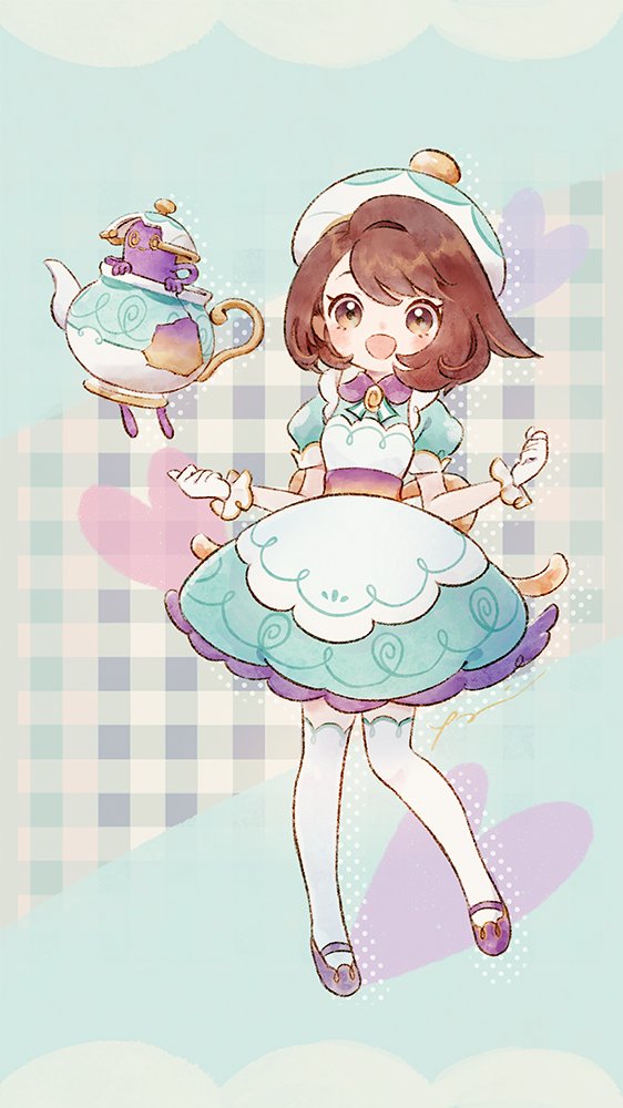 1girl, :d, alternate_costume, apron, bangs, blush, bob_cut, brown_eyes