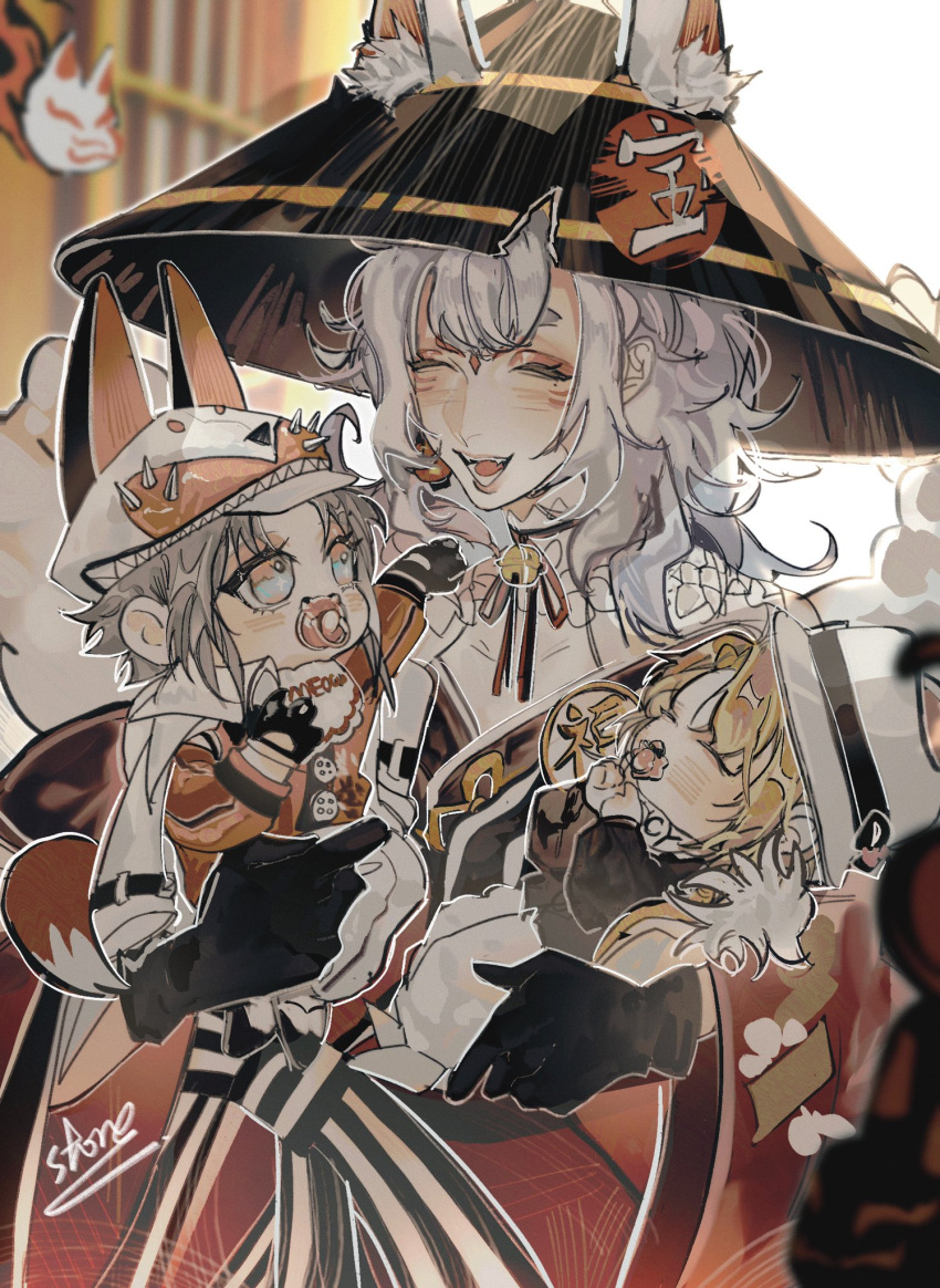 1girl, 2boys, animal_ear_headwear, animal_ears, animal_print, baby, baby_carry, bangs, black_gloves, black_headwear, black_kimono, black_ribbon, black_shirt, blonde_hair, brown_hair, carrying, checkered_obi, checkered_sash, chest_tattoo, choker, collared_shirt, earrings, extra_ears, eyebrows_visible_through_hair, eyelashes, eyeshadow, facial_mark, fang, fangs, fedora, forehead_mark, fox_ears, fox_girl, fox_hat, fox_tail, fur_coat, gloves, green_eyes, grey_hair, hair_behind_ear, halter_top, halterneck, hat, highres, jacket, japanese_clothes, jewelry, kimono, kimono_on_shoulders, lantern_earrings, luca_kaneshiro, makeup, male_focus, mature_female, medium_hair, mole, mole_under_eye, multiple_boys, multiple_tails, mysta_rias, neck_ribbon, necklace, nijisanji, nijisanji_en, nina_kosaka, off_shoulder, open_mouth, orange_shirt, pacifier, pants, red_eyeliner, red_eyes, red_eyeshadow, red_ribbon, ribbon, ring, shirt, short_eyebrows, short_hair, signature, single_earring, smile, solo, standing, striped, striped_jacket, striped_pants, tail, tattoo, three_stone, virtual_youtuber, white_background, white_footwear, white_headwear, white_jacket, white_pants