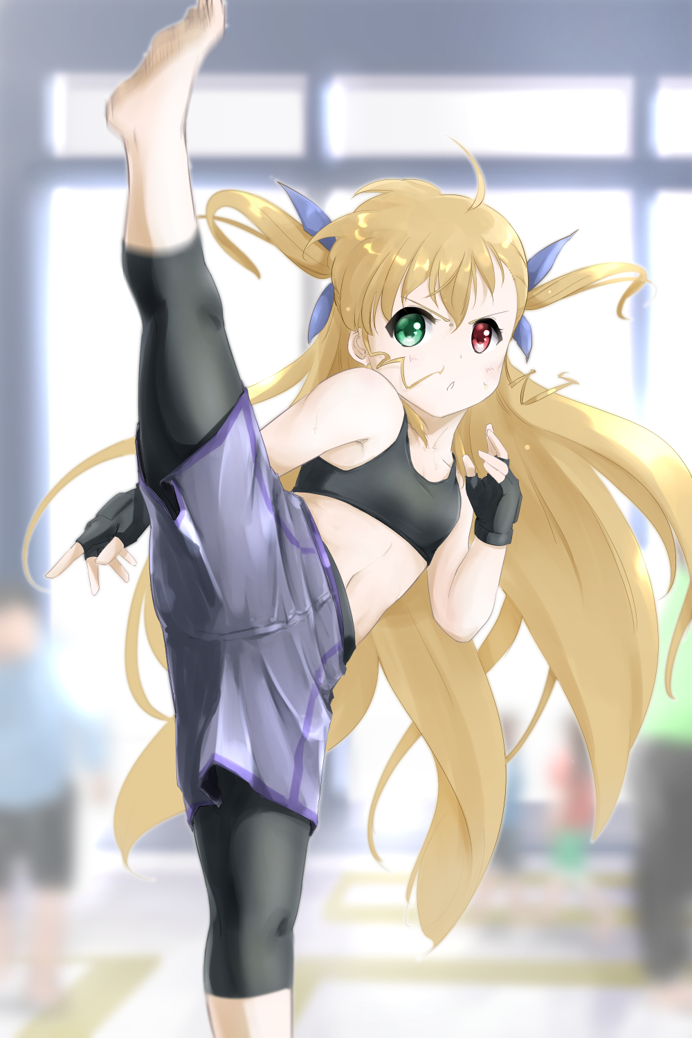 1girl, ban_(777purin), bike_shorts, black_shorts, black_sports_bra, blonde_hair, blue_shorts, blush