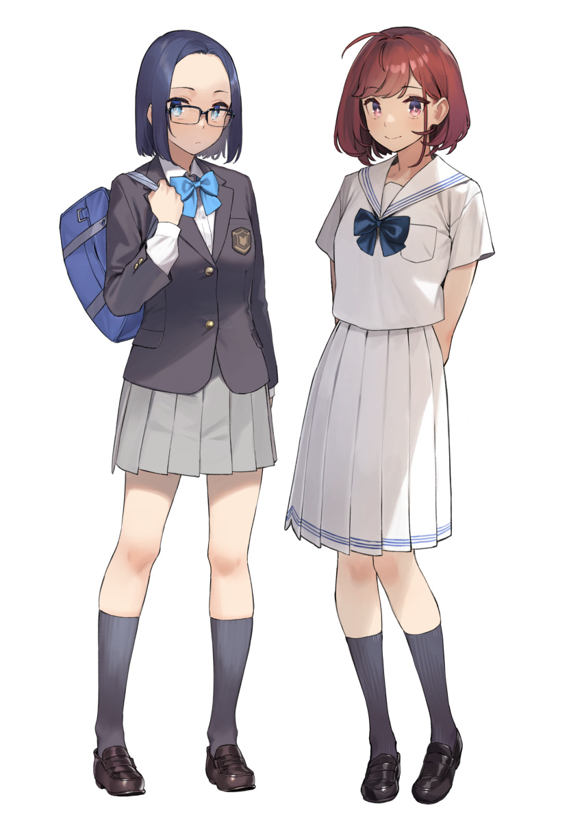 2girls, 92m, absurdres, bag, black_footwear, blue_eyes, blue_hair, brown_hair