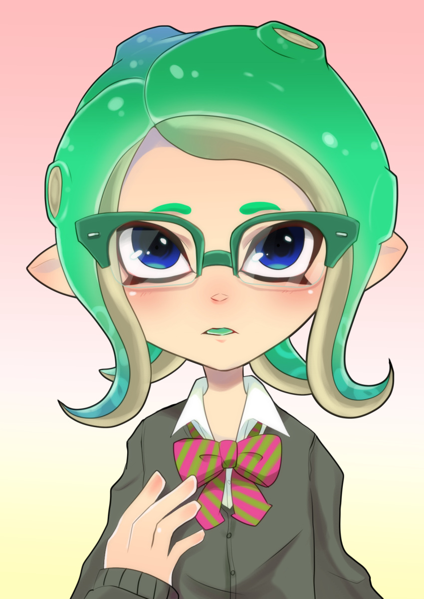 1girl, blue_eyes, bow, bowtie, eyebrows, glasses, green_hair, green_lips, highres, lipstick, mai_(shayu345), makeup, medium_hair, nose, octoling, ponytail, school_uniform, solo, splatoon_(series), splatoon_2, splatoon_2:_octo_expansion, tentacle_hair, upper_body