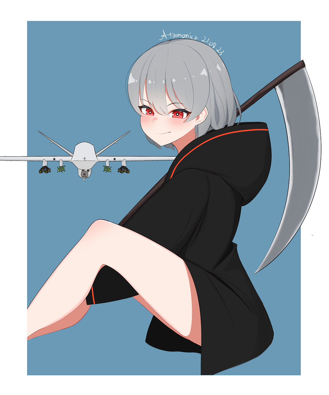 1girl, artist_name, atamonica, blush, dated, drone, highres, hood
