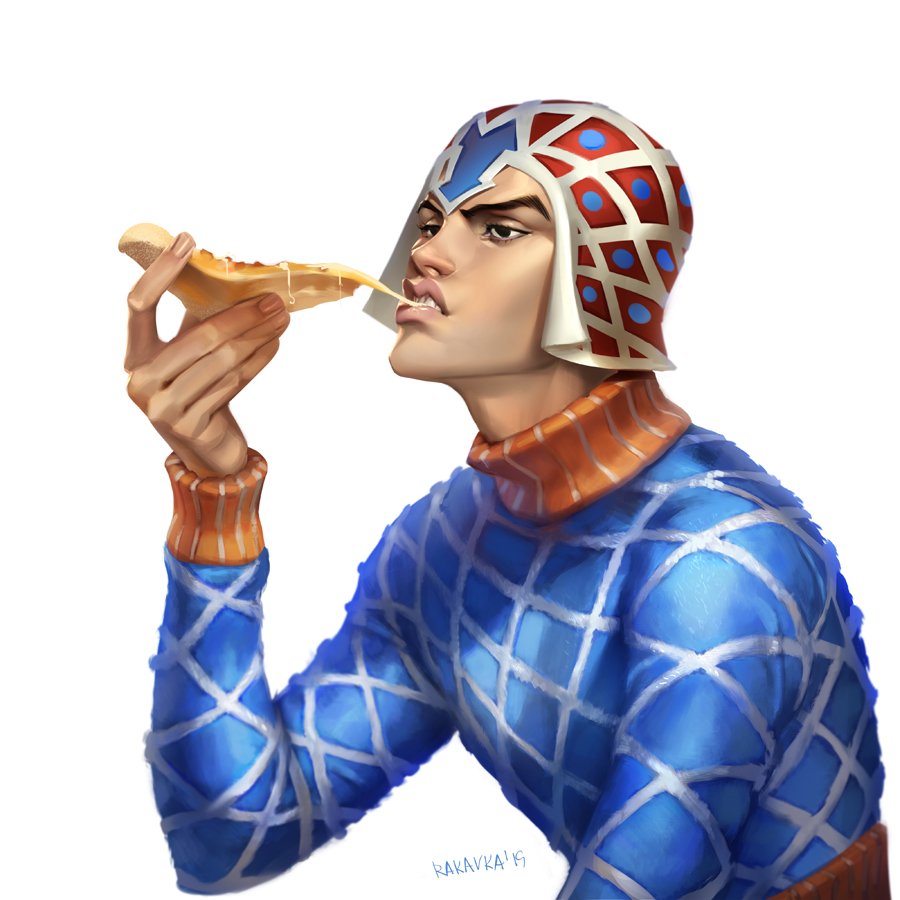 1boy, argyle, argyle_sweater, eating, food, guido_mista, hat, holding