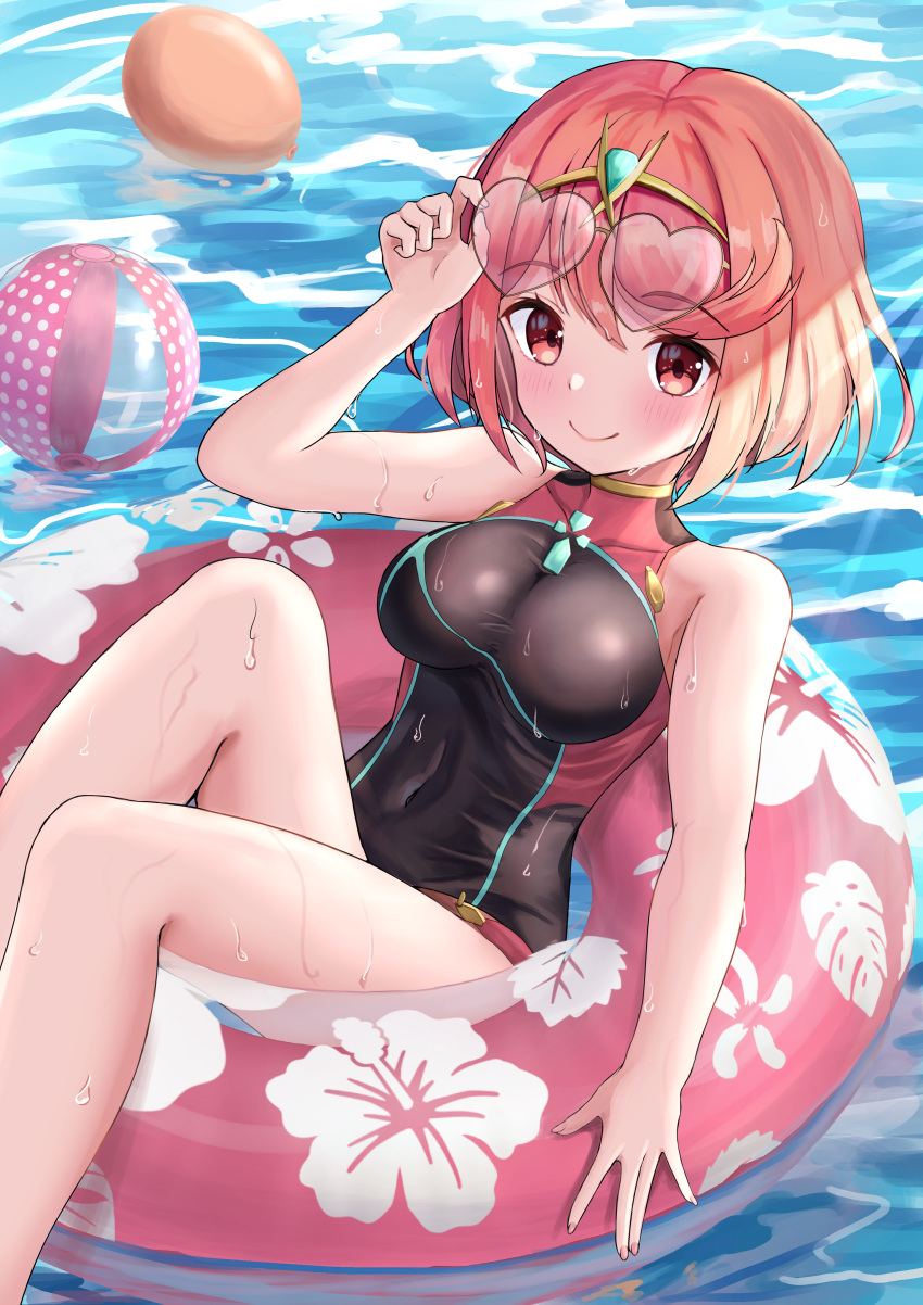 1girl, absurdres, bangs, black_swimsuit, breasts, competition_swimsuit, highres, kaede_(maple4rt), large_breasts, one-piece_swimsuit, pool, pyra_(pro_swimmer)_(xenoblade), pyra_(xenoblade), red_eyes, red_swimsuit, redhead, short_hair, solo, swept_bangs, swimsuit, two-tone_swimsuit, xenoblade_chronicles_(series), xenoblade_chronicles_2