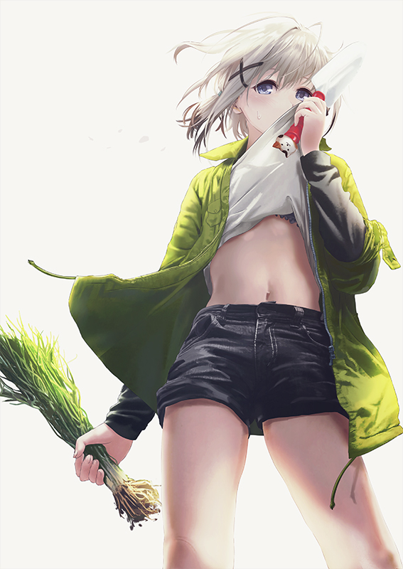 1girl, ahoge, ai_(re:lief), bare_legs, black_hair, black_shorts, bra, bra_peek, clothes_lift, coat, from_below, gradient_hair, green_coat, grey_eyes, hair_intakes, hair_ornament, holding, kurotuki_nn, lifted_by_self, midriff, multicolored_hair, navel, open_clothes, open_coat, re:lief_~shin'ai_naru_anata_e~, shirt, shirt_lift, short_hair, short_shorts, shorts, silver_hair, simple_background, solo, standing, stomach, underwear, white_background, white_shirt, x_hair_ornament