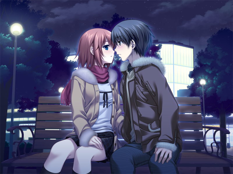 1boy, 1girl, alpha_(yukai_na_nakamatachi), bangs, bench, black_hair, black_legwear, black_ribbon