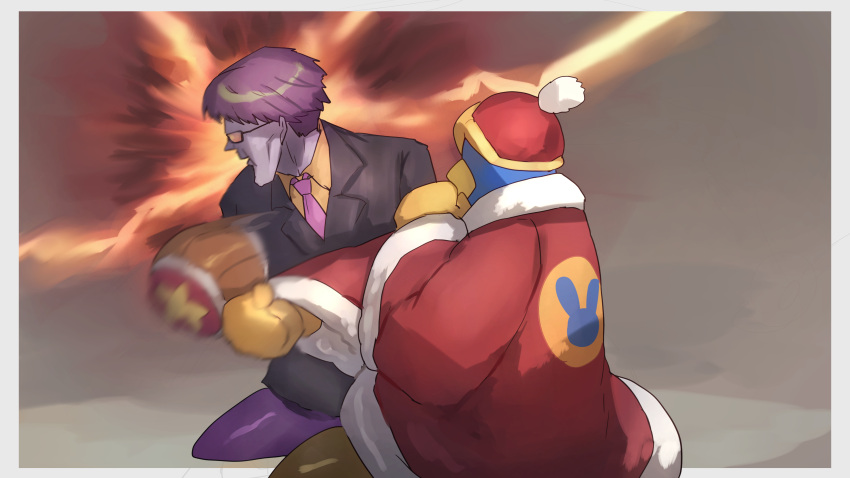 2boys, absurdres, black_jacket, customer_service, formal, hammer, highres, hitting
