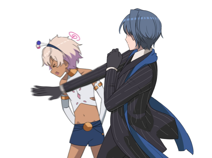 >_<, 2boys, blue_hair, commentary, dark-skinned_male, dark_skin, dotonburii, english_commentary