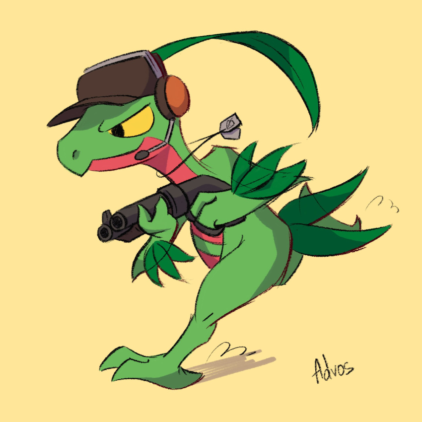 advos, colored_sclera, cosplay, dog_tags, full_body, grovyle, gun, hat