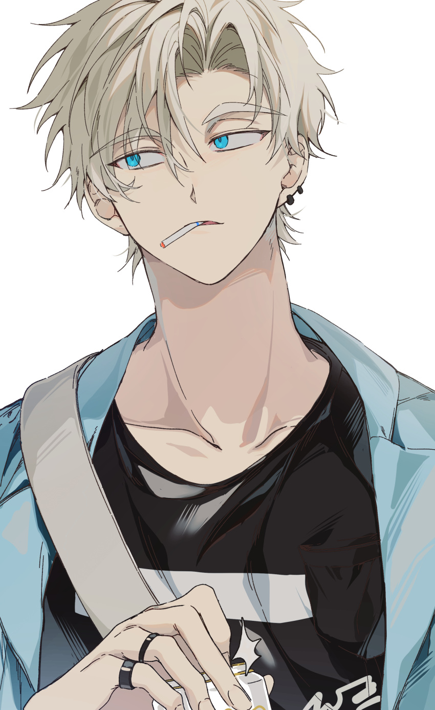1boy, absurdres, black_shirt, blonde_hair, blue_eyes, can, cigarette, collarbone