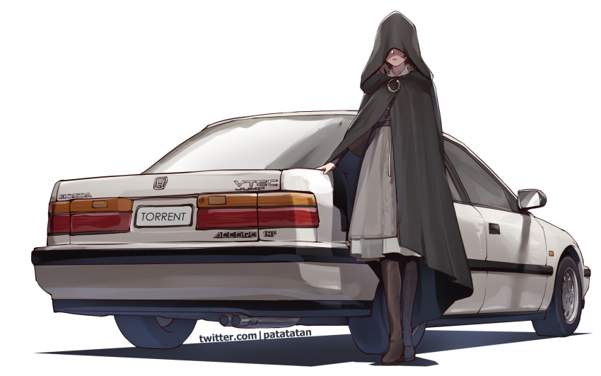 1girl, boots, car, dress, elden_ring, ground_vehicle, highres, honda_accord