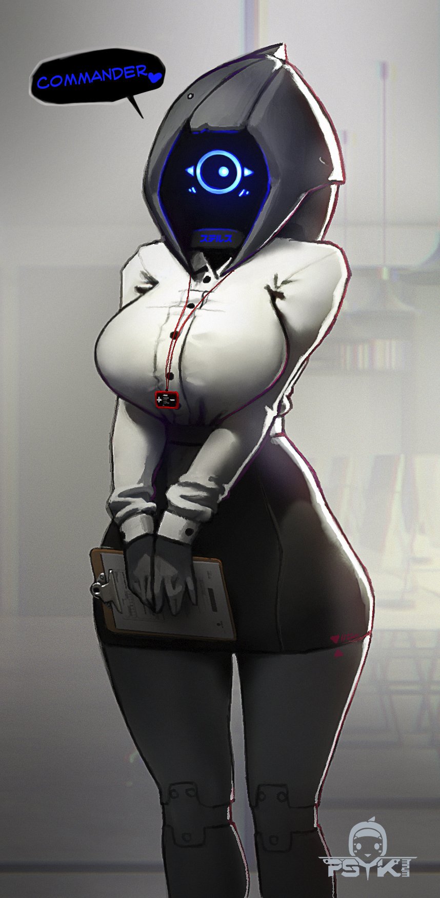 1girl, android, artist_logo, black_skirt, breasts, buttons, clipboard, dress_shirt, english_commentary, glowing, glowing_eye, heart, highres, id_card, indoors, joints, large_breasts, looking_at_viewer, no_humans, one-eyed, original, pencil_skirt, psyk323, robot, robot_joints, shirt, skirt, solo, spoken_heart