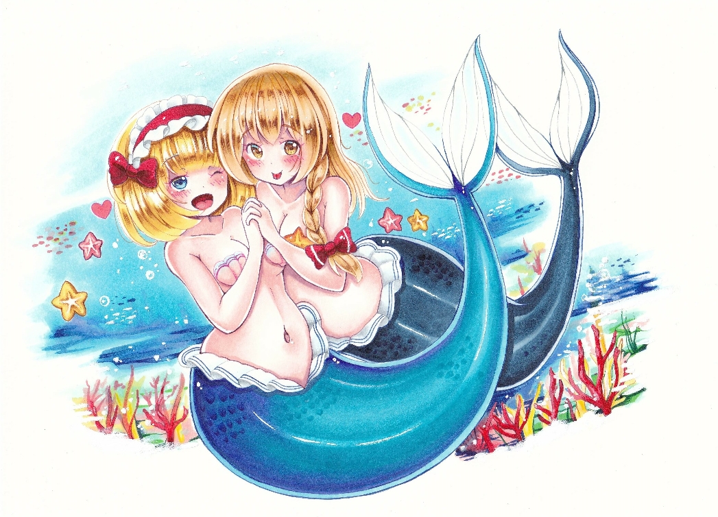 2girls, air_bubble, alice_margatroid, animal, bikini, blonde_hair, blue_eyes, bow, braid, breasts, bubble, collarbone, coral, fish, frilled_hairband, frills, hairband, heart, kirisame_marisa, kneeless_mermaid, lolita_hairband, long_hair, medium_breasts, mermaid, midriff, monster_girl, monsterification, multiple_girls, navel, nemonadi, one_eye_closed, open_mouth, red_bow, red_hairband, shell, shell_bikini, short_hair, side_braid, starfish, starfish_bikini, stomach, swimsuit, tongue, tongue_out, touhou, traditional_media, underwater, water, yellow_eyes