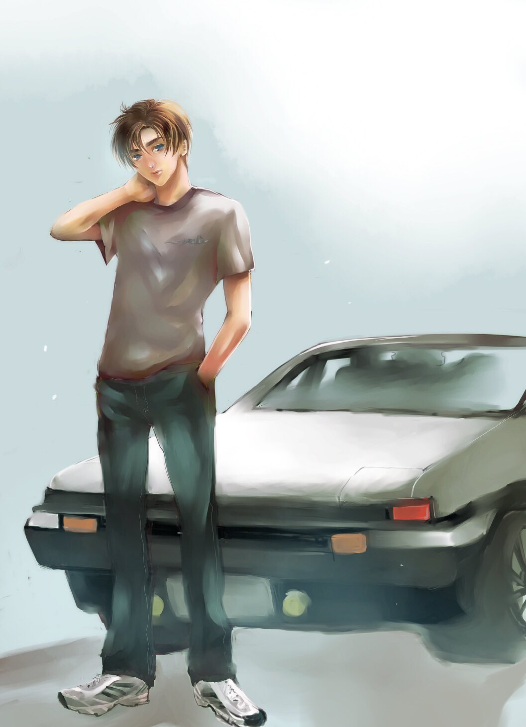 1boy, bangs, brown_eyes, brown_hair, car, denim, eni_(yoyogieni), fujiwara_takumi