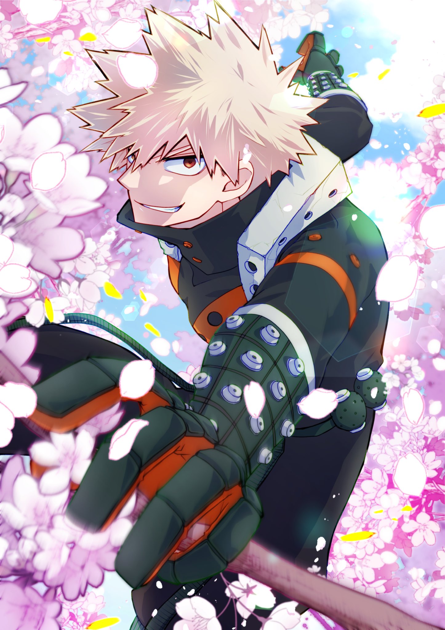 1boy, bakugou_katsuki, blonde_hair, boku_no_hero_academia, branch, cherry_blossoms, day, explosive