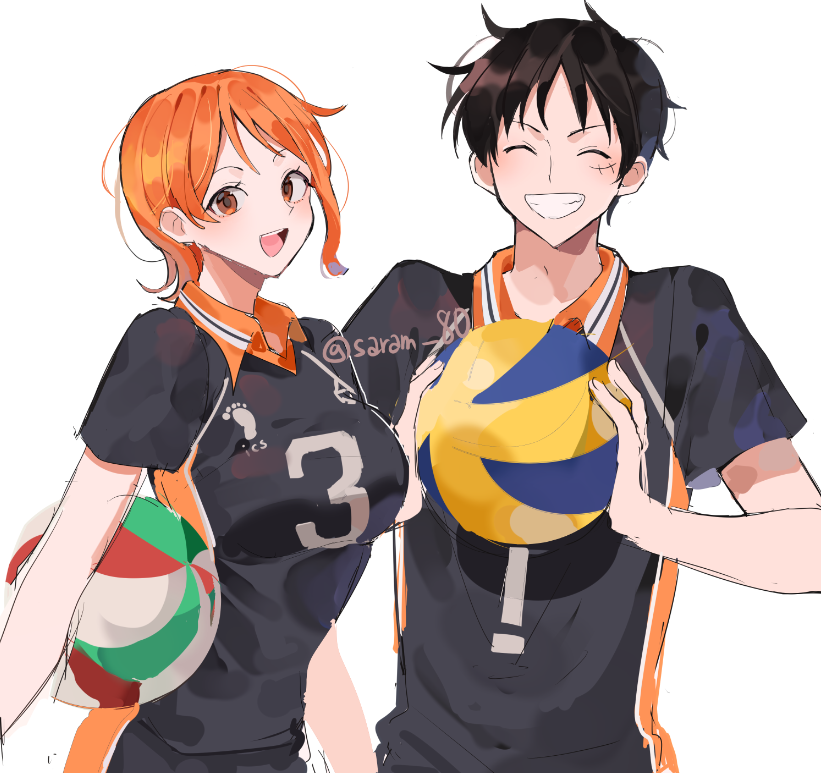 1boy, 1girl, alternate_costume, azumane_asahi, azumane_asahi_(cosplay), ball, black_hair, breasts
