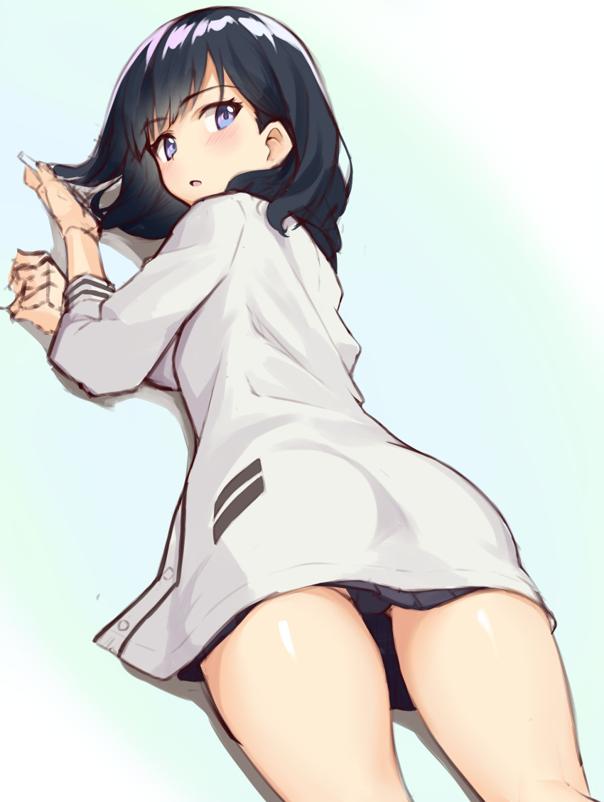 1girl, absurdres, ass, back, bangs, black_hair, black_skirt, blue_eyes