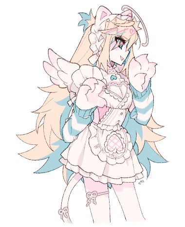 1girl, angel_wings, animal_ears, animal_hands, apron, arm_warmers, bangs, blonde_hair, blue_hair, breasts, cat_ears, cat_tail, cleavage_cutout, clothing_cutout, colored_inner_hair, commentary, dress, fake_animal_ears, frilled_dress, frills, gloves, halo, headdress, heart_cutout, long_hair, looking_to_the_side, lowres, medium_breasts, multicolored_hair, panty_&amp;_stocking_with_garterbelt, panty_(psg), pastel_colors, paw_gloves, ribbon, smile, solo, striped_arm_warmers, tail, thigh_ribbon, u_emper, white_apron, white_dress, white_ribbon, wings