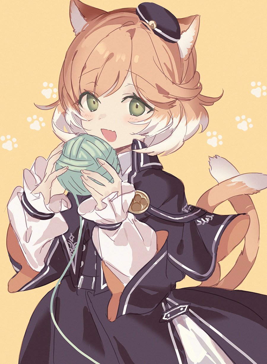 1girl, :d, animal_ears, arknights, awa_iro, black_dress, black_headwear, blush, cat_ears, cat_girl, cat_tail, cowboy_shot, dress, gothic_lolita, green_eyes, hands_up, hat, highres, lolita_fashion, looking_at_viewer, mini_hat, mousse_(arknights), multicolored_hair, multiple_tails, open_mouth, orange_hair, paw_print, paw_print_background, short_hair, simple_background, smile, solo, streaked_hair, tail, two_tails, white_hair, yarn, yarn_ball, yellow_background