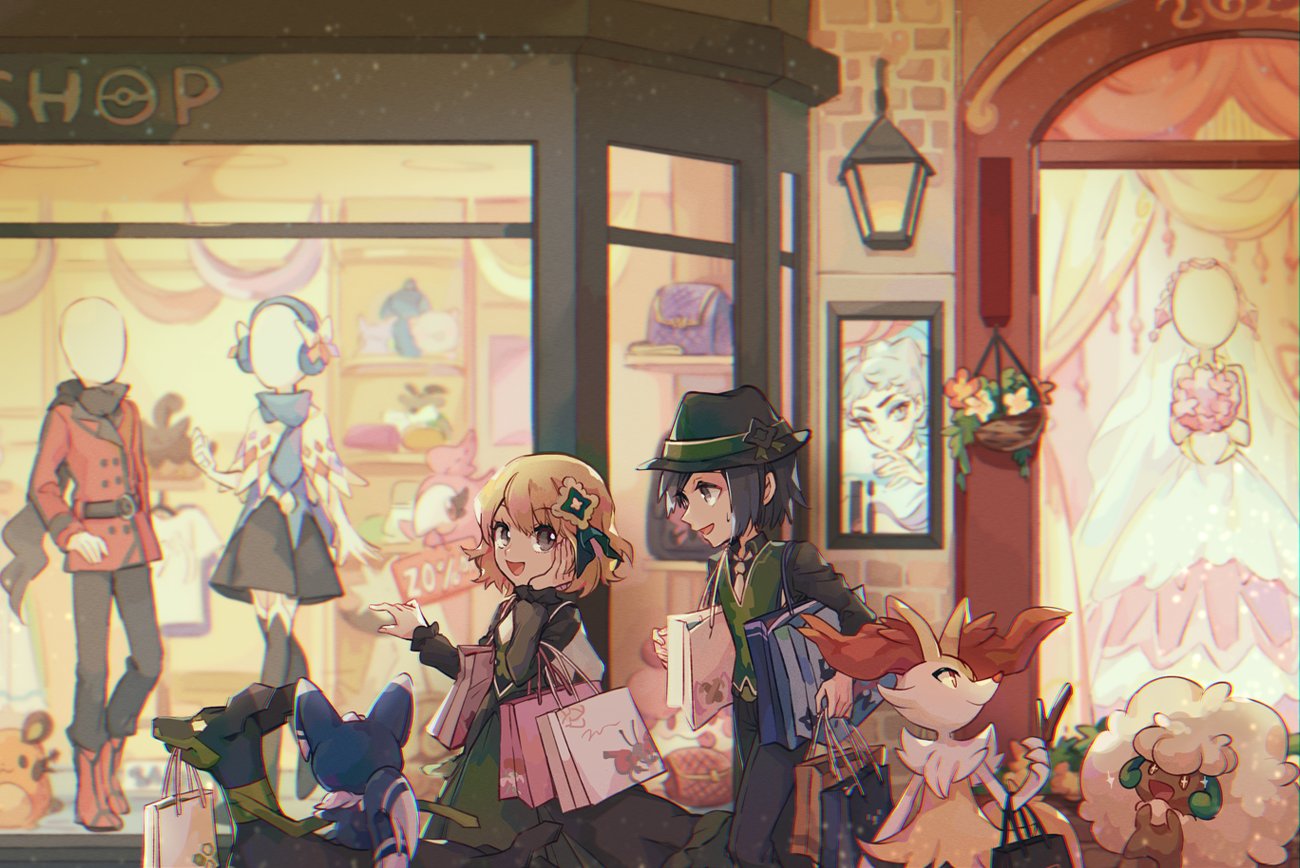 1boy, 1girl, bag, bangs, blonde_hair, braixen, calem_(pokemon), commentary_request