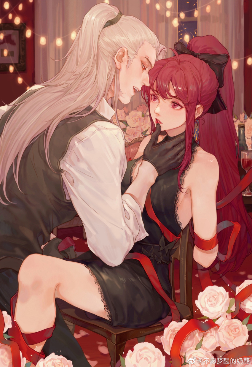 1boy, 1girl, buyuan_meng_xing_de_nailao, chi_meng_(hua_jianghu_zhi_bei_mo_ting), couple, dress, expressionless, finger_to_mouth, gloves, hair_ornament, highres, hua_jianghu_zhi_bei_mo_ting, long_hair, pink_hair, ponytail