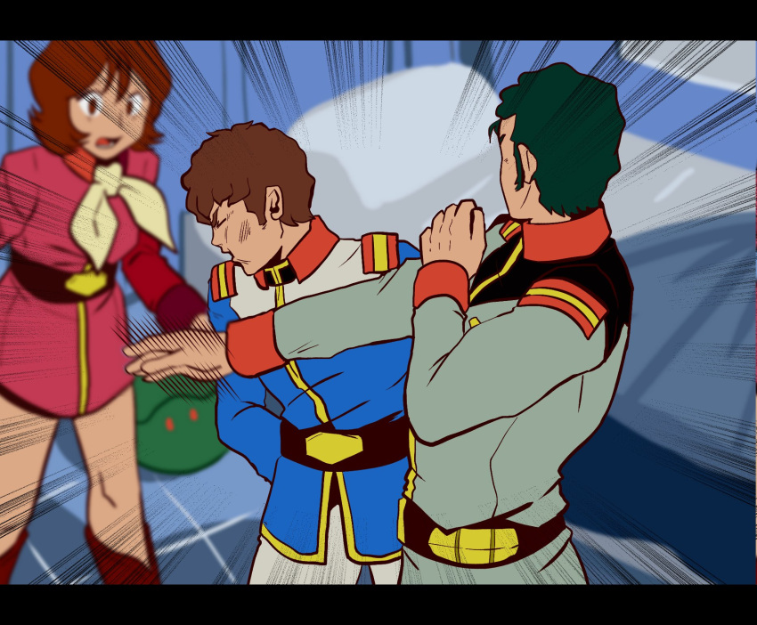 amuro_ray, bed, belt, blanket, bright_noa, brown_eyes, brown_hair, buckle