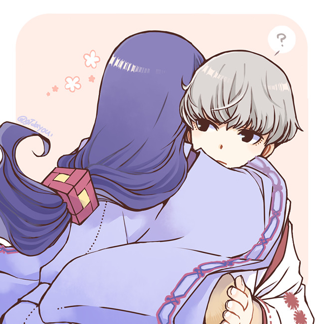 1boy, 1girl, ?, artist_name, bangs, black_eyes, bowl_cut, fate/grand_order
