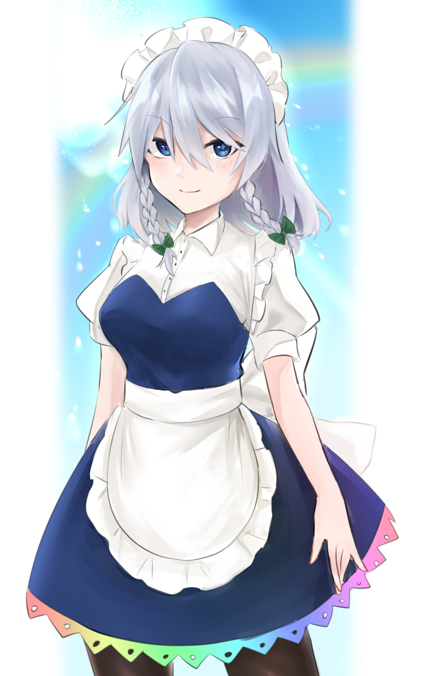 1girl, absurdres, apron, black_legwear, blue_dress, blue_eyes, breasts, closed_mouth