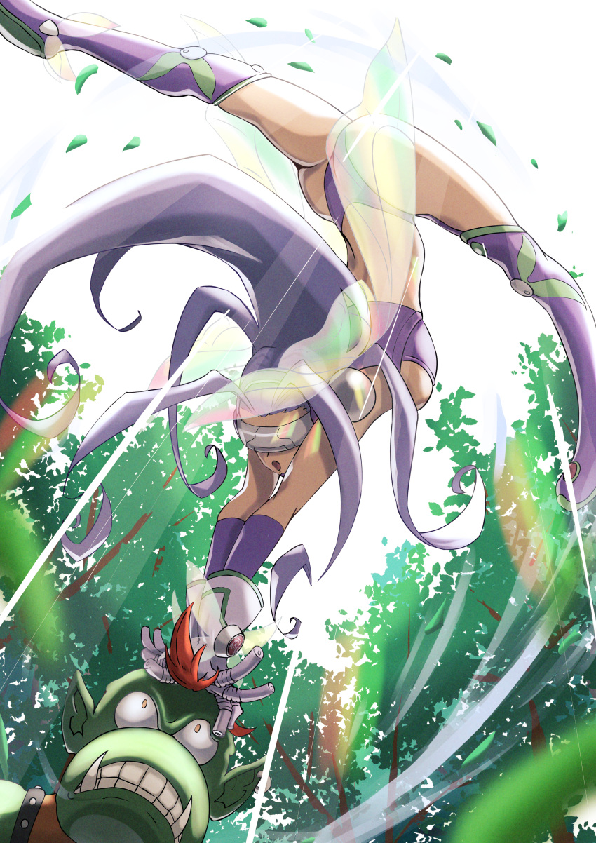 1girl, 1other, :o, absurdres, ass, bangs, bikini, boots, breasts, butterfly_wings, colored_skin, commentary, covered_eyes, diffraction_spikes, digimon, digimon_(creature), fairymon, fangs, flexible, floating_hair, from_below, full_body, garter_straps, gloves, goblin, goburimon, green_skin, hair_intakes, hair_ornament, hairband, handstand, highres, kotatsu_(nukunuku), leaf, long_hair, looking_up, medium_breasts, midriff, open_mouth, parted_bangs, pink_garter_straps, purple_belt, purple_bikini, purple_footwear, purple_hair, purple_hairband, revealing_clothes, shoulder_pads, split, standing, swimsuit, teeth, thigh-highs, thigh_boots, tree, very_long_hair, visible_air, visor, white_background, white_gloves, wings