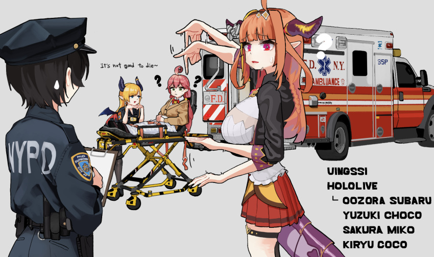 2girls, :<, ?, ahoge, ambulance, baton_(weapon), belt, black_legwear