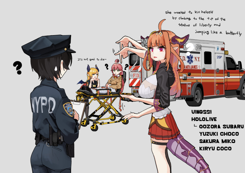 2girls, :<, ?, ahoge, ambulance, baton_(weapon), belt, black_legwear