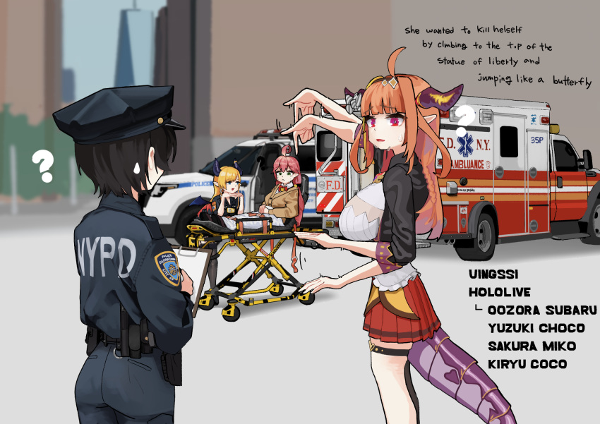 2girls, :<, ?, ahoge, ambulance, baton_(weapon), belt, black_legwear