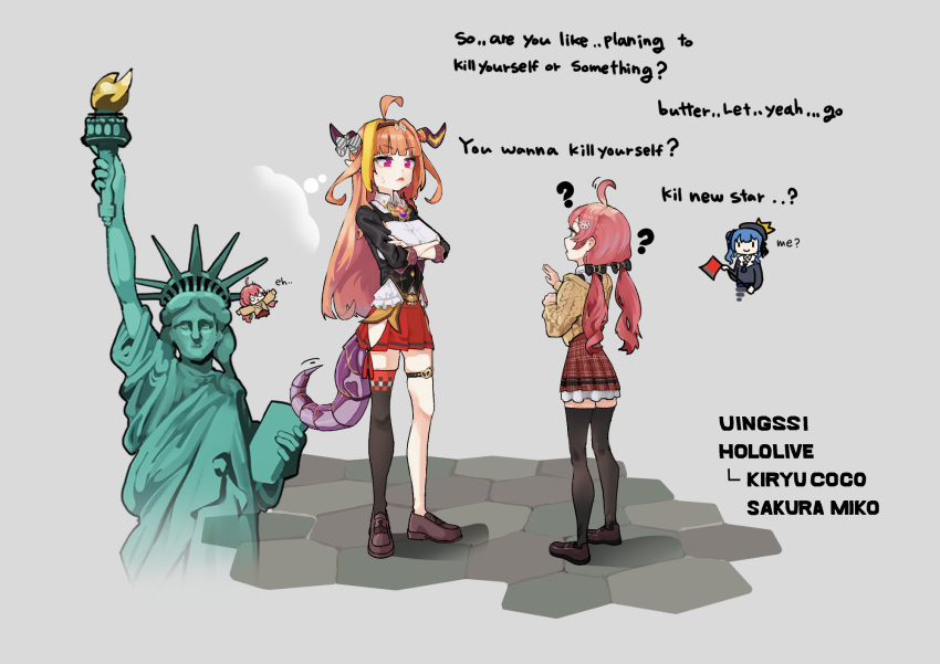 2girls, ?, ahoge, black_legwear, breasts, cardigan, chibi, chibi_inset