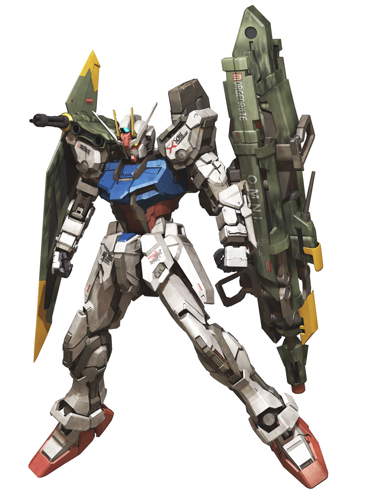 3d, english_commentary, floating, gun, gundam, gundam_seed, holding, holding_gun, holding_weapon, launcher_strike_gundam, looking_down, mecha, mobile_suit, sandrum, science_fiction, solo, strike_gundam, v-fin, weapon, white_background, yellow_eyes
