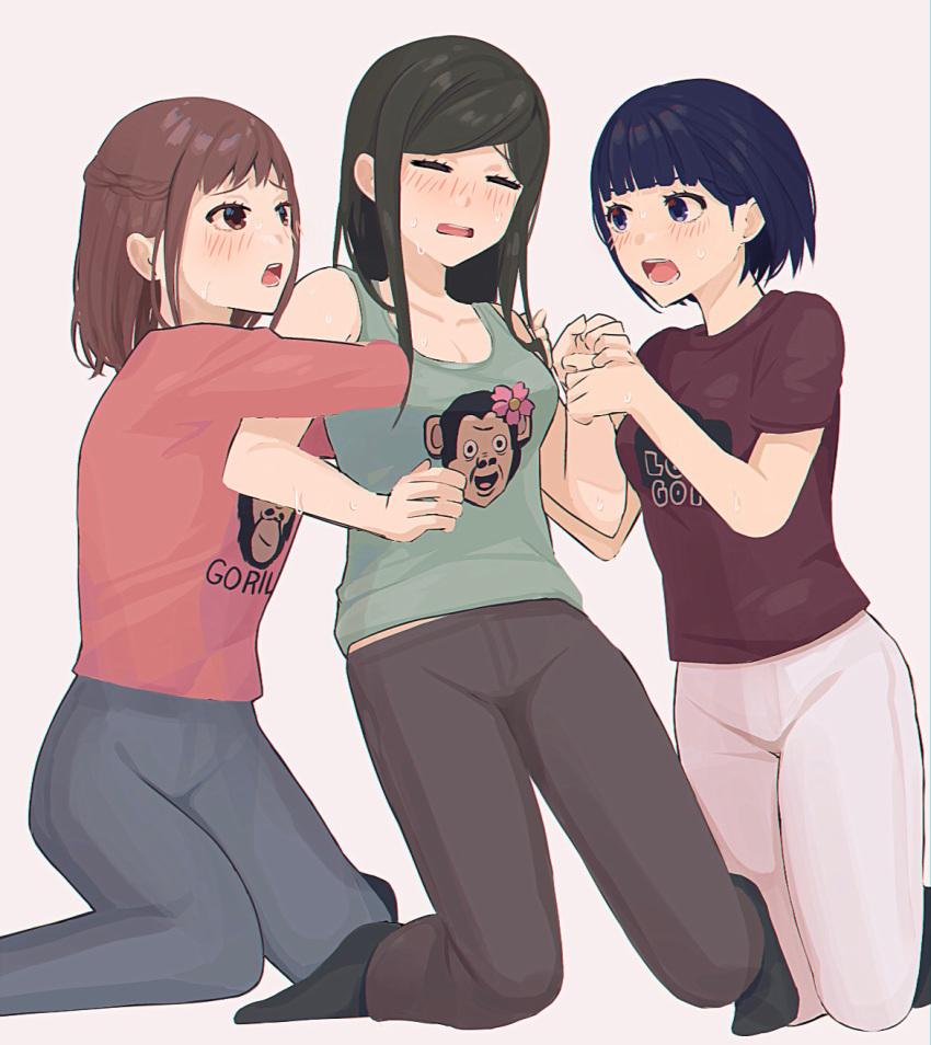 3girls, black_legwear, blue_hair, blush, braid, brown_eyes, brown_hair, brown_pants