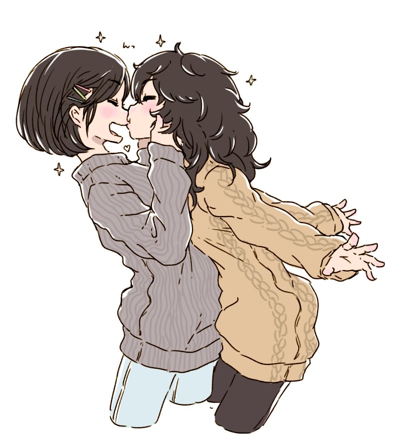 2girls, blush, brown_hair, closed_eyes, cropped_legs, eyebrows_visible_through_hair, hair_ornament, hairclip