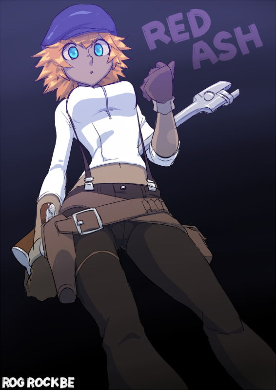 1girl, artist_name, belt, blonde_hair, blue_eyes, breasts, cabbie_hat, call_(red_ash)