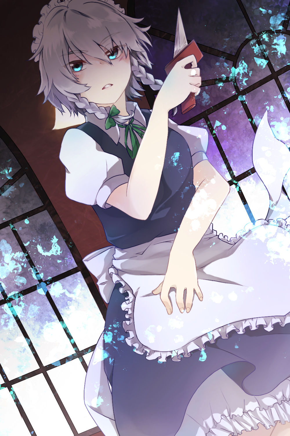 1girl, apron, back_bow, bangs, blue_dress, blue_eyes, bow, braid