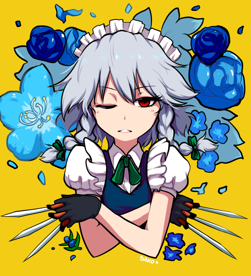 1girl, black_gloves, blue_dress, blue_flower, blue_rose, collared_shirt, commentary_request, dako_(dakosito)