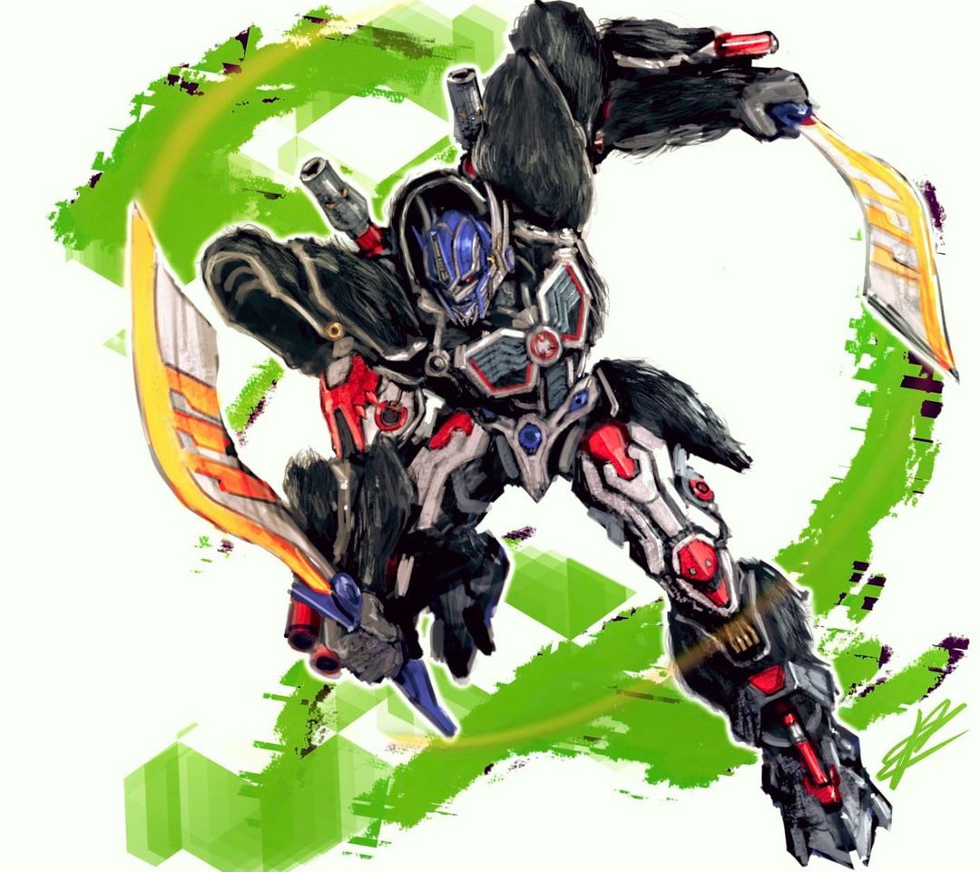 1boy, beast_wars, beast_wars:_transformers, dual_wielding, holding, holding_sword, holding_weapon, looking_down, maximal, mecha, no_humans, optimus_primal, rae_ariadne, red_eyes, slashing, solo, sword, transformers, weapon, white_background