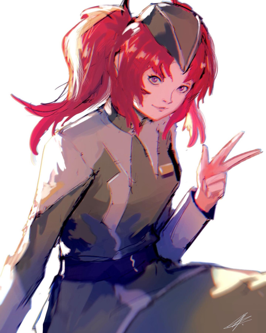 1girl, belt, black_belt, green_headwear, green_jacket, green_skirt, gundam, gundam_seed, gundam_seed_destiny, highres, jacket, medium_hair, meyrin_hawke, military, military_uniform, rae_ariadne, redhead, sitting, sketch, skirt, smile, solo, twintails, uniform, v, violet_eyes, white_background
