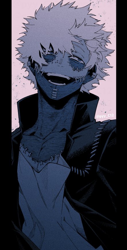 1boy, bangs, black_jacket, boku_no_hero_academia, burn_scar, costume, dabi_(boku_no_hero_academia), ear_piercing, facing_viewer, grin, hair_blowing, half-closed_eyes, head_tilt, high_collar, jacket, kan_(pyy_c12), looking_away, looking_to_the_side, male_focus, multiple_piercings, nose_piercing, open_mouth, piercing, pillarboxed, scar, scar_on_chest, scar_on_face, scar_on_neck, shirt, short_hair, smile, solo, spiky_hair, splotch, stapled, stitches, teeth, twitter_username, white_background, white_shirt, wind