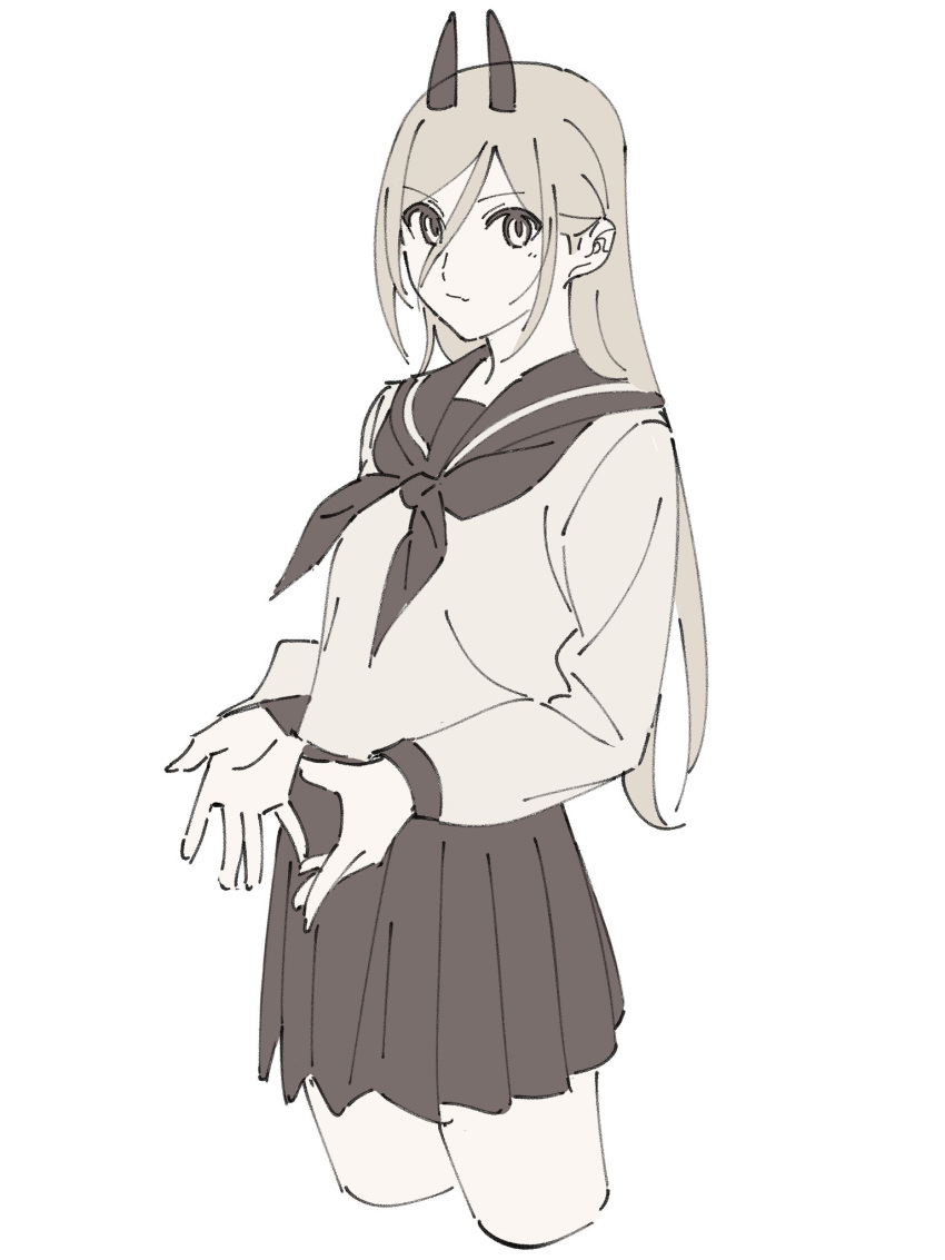1girl, blonde_hair, chainsaw_man, closed_mouth, eyebrows_visible_through_hair, fang, grey_background, hair_between_eyes