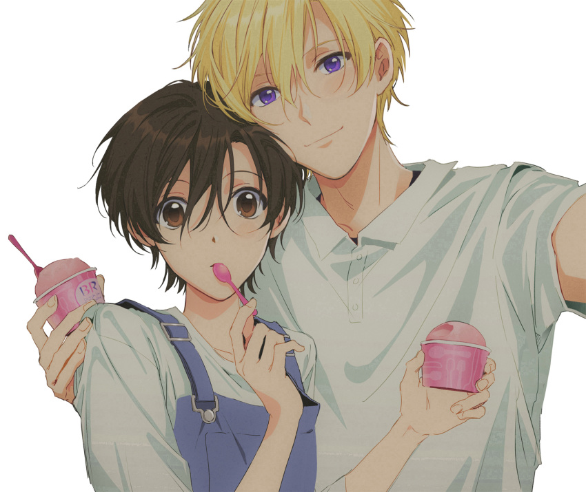 1boy, 1girl, baskin-robbins, blonde_hair, brown_eyes, eating, food, fujioka_haruhi, highres, holding, holding_food, holding_spoon, ice_cream, ouran_high_school_host_club, overalls, short_hair, simple_background, smile, sophie_(693432), spoon, suou_tamaki, utensil_in_mouth, violet_eyes, white_background