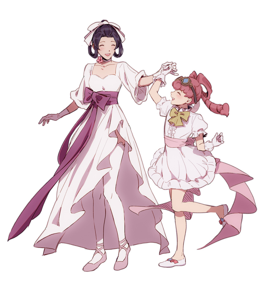 2girls, ace_attorney, bow, dress, formal, full_body, gloves, goggles