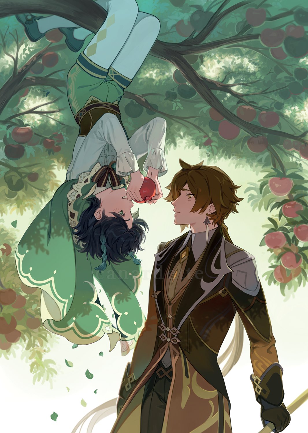 2boys, apple, black_gloves, braid, brown_eyes, brown_hair, cape, closed_mouth, commentary, day, duckie, earrings, eating, english_commentary, eye_contact, falling_leaves, food, formal, fruit, genshin_impact, gloves, gradient_hair, green_cape, green_eyes, green_shorts, highres, holding, holding_food, holding_fruit, jewelry, leaf, legwear_under_shorts, long_sleeves, looking_at_another, male_focus, multicolored_hair, multiple_boys, nature, outdoors, pantyhose, parted_lips, shorts, smile, suit, tree, upside-down, venti_(genshin_impact), white_legwear, zhongli_(genshin_impact)