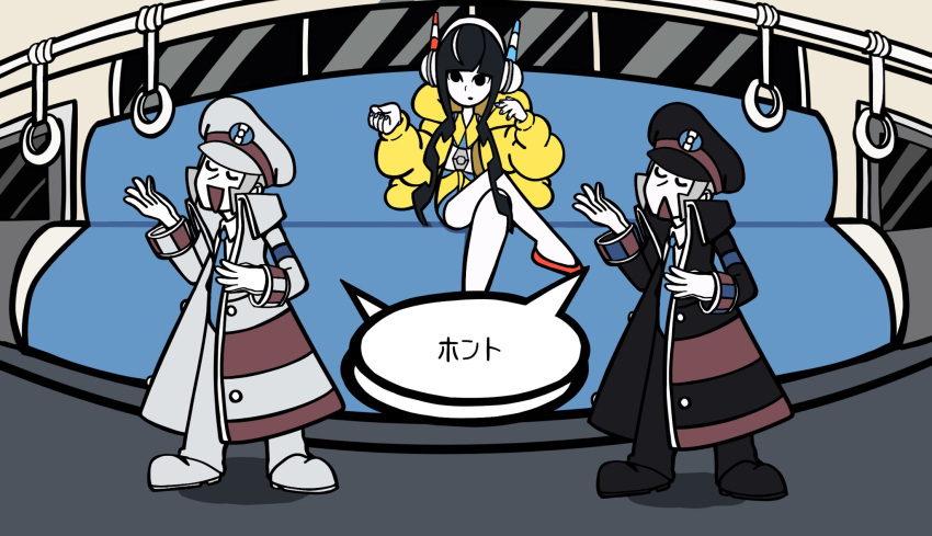 1girl, 2boys, bangs, battle_subway, black_coat, black_footwear, black_headwear, black_pants