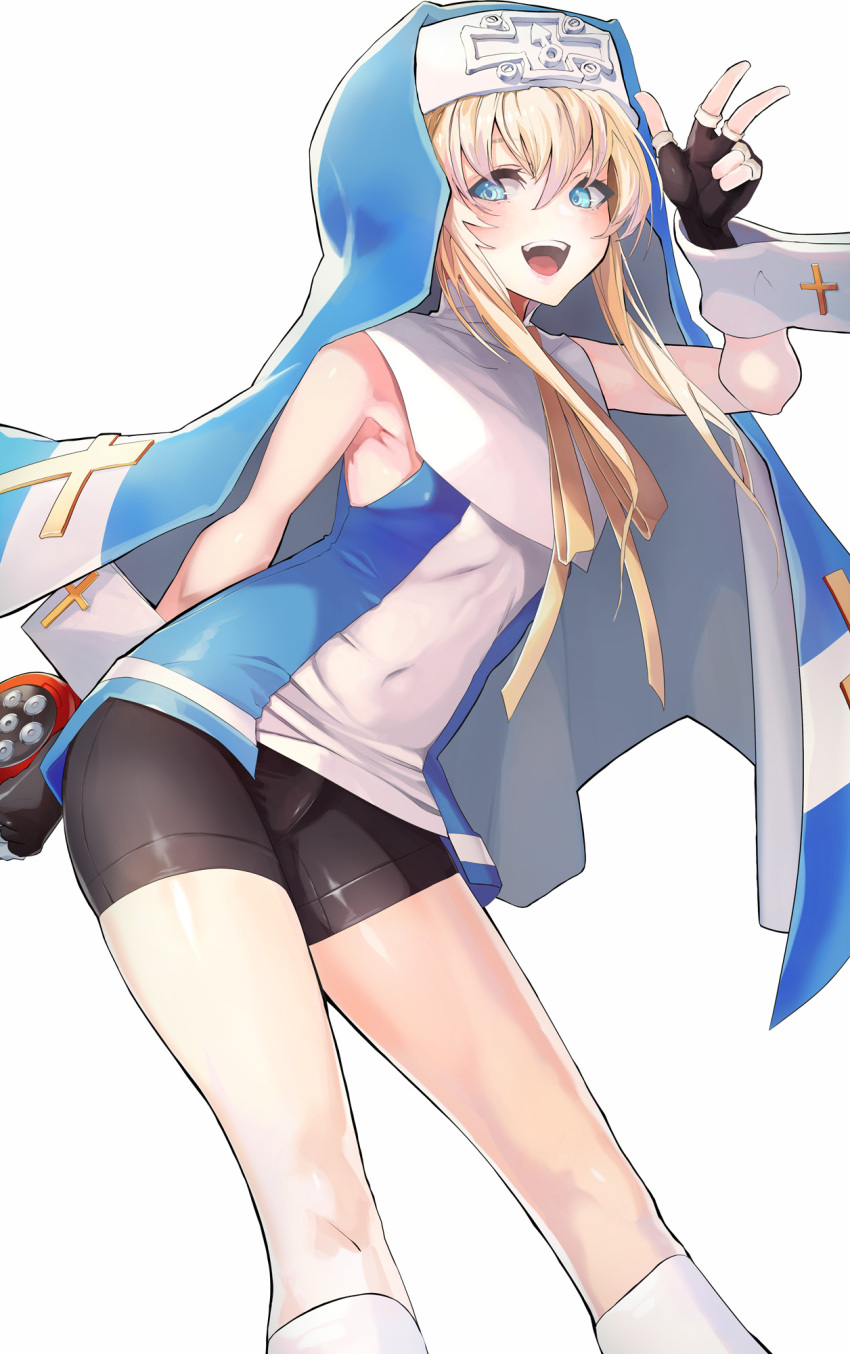 1boy, bangs, bike_shorts, black_gloves, blond_hair, blue_headwear, blush, bridget_(guilty_gear)