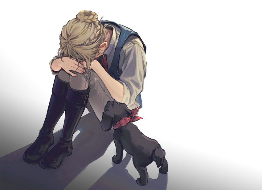 1girl, ace_attorney, black_footwear, blonde_hair, blue_vest, boots, braid, covering_face